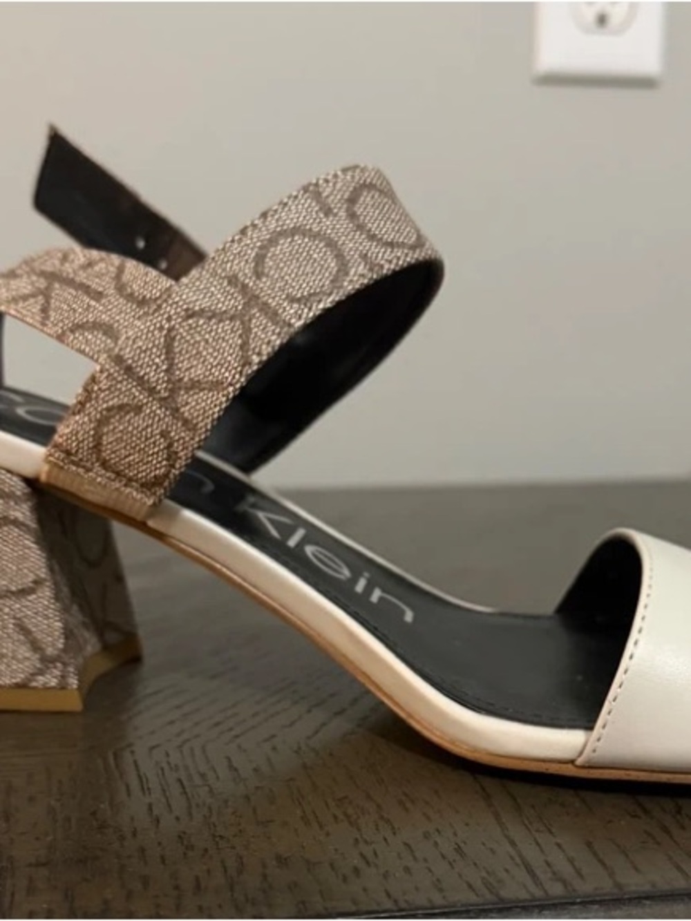Calvin Klein White and Beige Logo Ankle-Strap Block Heel Sandals - Picture 2 of 2